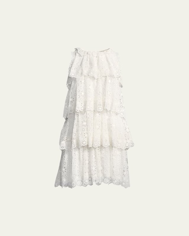 Tiered Sleeveless Pinwheel Eyelet Dress